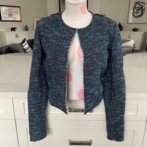 Theory Ualana Raw-Cut Edges Lined Cotton Viscose Open Jacket Indigo Tweed Sz 0